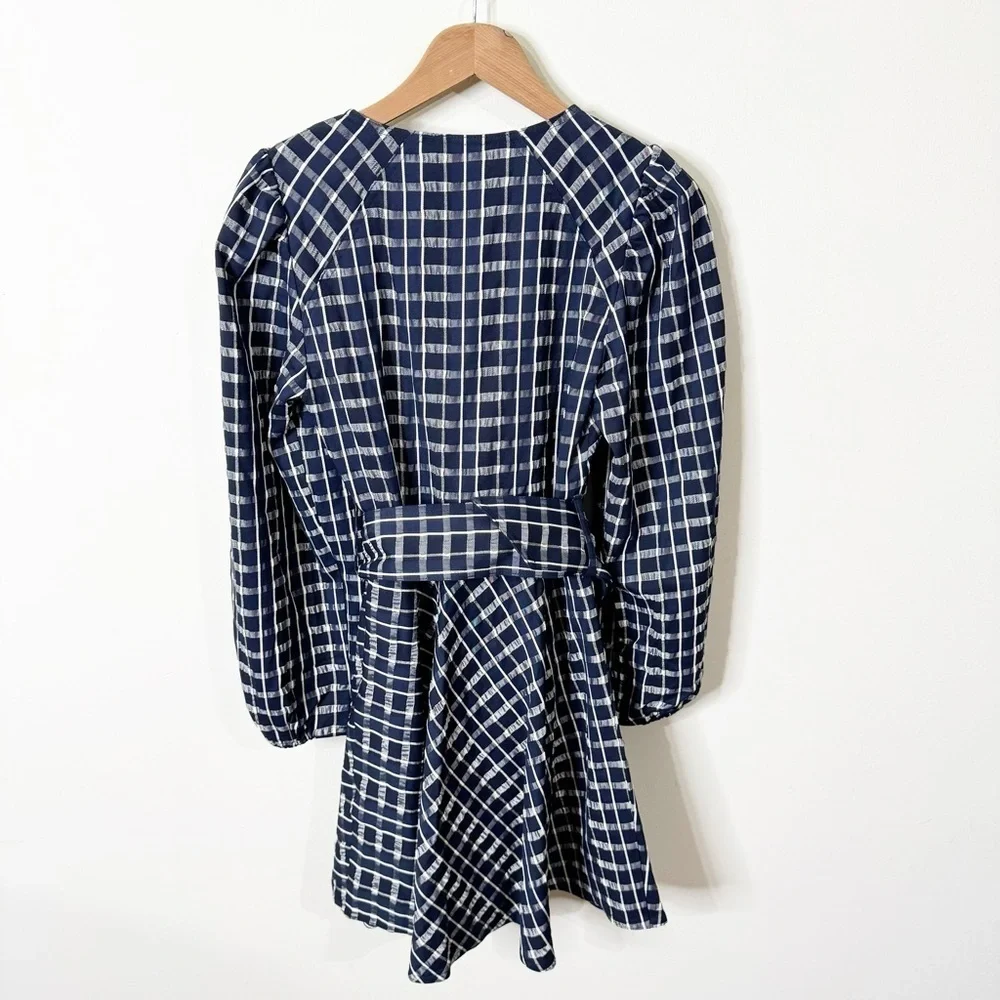 Tanya Taylor Navy Check Belted Puff Sleeves Nicola Dress Size 2 US NWT - Picture 7 of 8